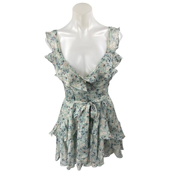 Windsor Romantic Blue Sleeveless Floral Ruffled Chiffon Mini Skater Dress Size S - Picture 3 of 7
